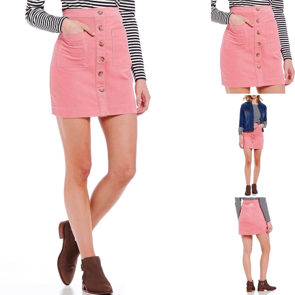 Cremieux Corduroy Mini Skirt Button Front A-Line High Rise Pockets Pink